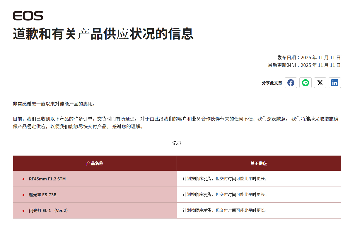 佳能宣布 RF45mm F1.2 STM 供应短缺