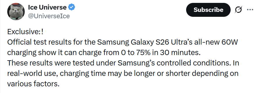 ����S26 Ultra֧��60W��� 30���ӿɳ���75%����